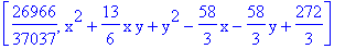 [26966/37037, x^2+13/6*x*y+y^2-58/3*x-58/3*y+272/3]